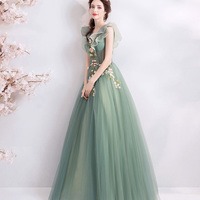 Green tulle long A line prom dress green evening dress - Thumbnail 4