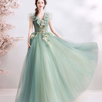 Green tulle long A line prom dress green evening dress - Thumbnail 6