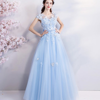 Blue tulle lace long A line prom dress evening dress - Thumbnail 1