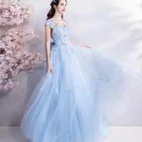Blue tulle lace long A line prom dress evening dress - Thumbnail 2