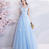 Blue tulle lace long A line prom dress evening dress - Thumbnail 3