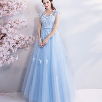 Blue tulle lace long A line prom dress evening dress - Thumbnail 4