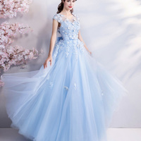 Blue tulle lace long A line prom dress evening dress - Thumbnail 6