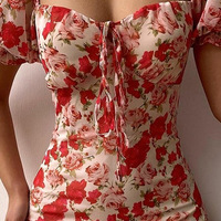 Short Sleeve Red Print Dress - Thumbnail 1