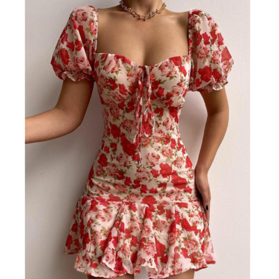 Short sleeve red print dress - Thumbnail 3