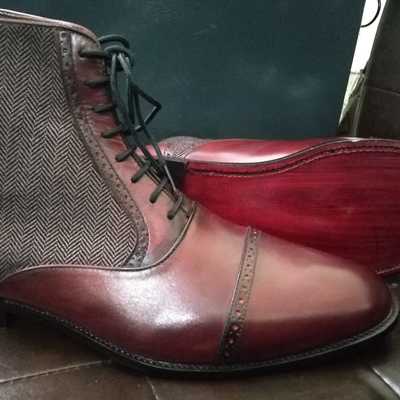 Best burgundy leather tweed ankle high cap toe lace up boot - Thumbnail 3