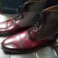 Best Burgundy Leather Tweed Ankle High Cap Toe Lace Up Boot - Thumbnail 2