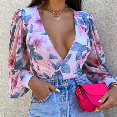 V-neck casual floral print top - Thumbnail 2