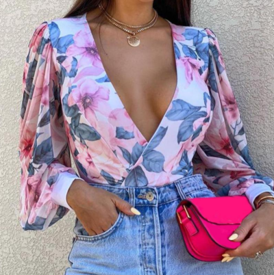 V-Neck Casual Floral Print Top