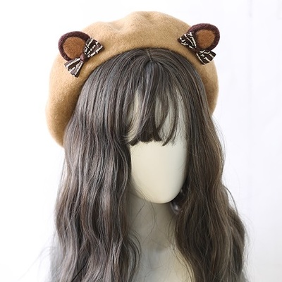 Cute teddy bear ears wool beret hat