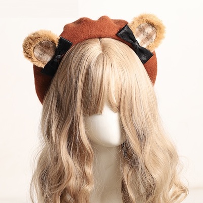Cute furry teddy bear ears bow beret hat