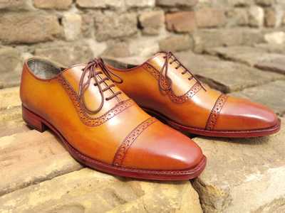 Best Hand Stitch Cap Toe Brown Lace Up Wedding Shoes