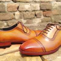 Best Hand Stitch Cap Toe Brown Lace Up Wedding Shoes - Thumbnail 1