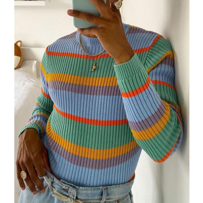 Striped slim long sleeve knitted sweater