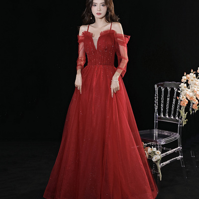 Red tulle long a line prom dress red evening dress - Thumbnail 3