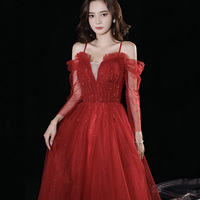 Red tulle long A line prom dress red evening dress - Thumbnail 1