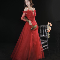 Red tulle long A line prom dress red evening dress - Thumbnail 2