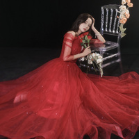 Red tulle long A line prom dress red evening dress - Thumbnail 3