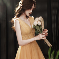 Yellow tulle short A line prom dress yellow evening dress - Thumbnail 4