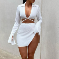 Long Sleeve White Dress Two-Piece Suit - Thumbnail 1