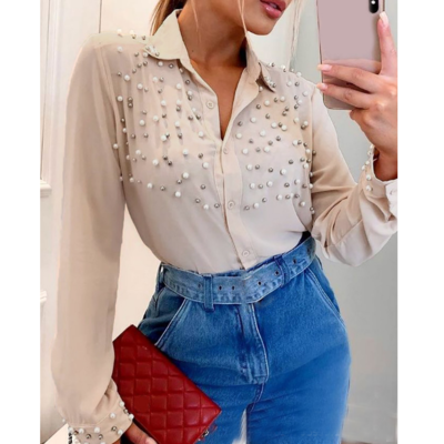 Solid color casual bead long-sleeved shirt