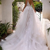 Charming V Neck Tulle Lace Wedding Dresses Bride Dresses - Thumbnail 1