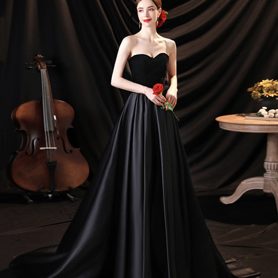 Black satin long a line prom dress black evening dress - Thumbnail 3