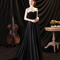 Black satin long A line prom dress black evening dress - Thumbnail 1