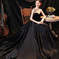 Black satin long A line prom dress black evening dress - Thumbnail 2