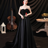 Black satin long A line prom dress black evening dress - Thumbnail 3
