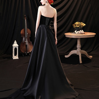 Black satin long A line prom dress black evening dress - Thumbnail 4