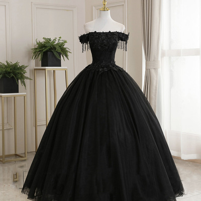 Black tulle lace long ball gown dress formal dress - Thumbnail 3