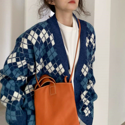 V-neck diamond checker color block sweater knit cardigan