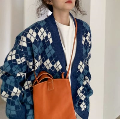 V-neck Diamond Checker Color Block Sweater Knit Cardigan