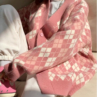 V-neck Diamond Checker Color Block Sweater Knit Cardigan - Thumbnail 4