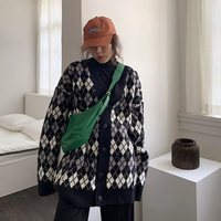 V-neck Diamond Checker Color Block Sweater Knit Cardigan - Thumbnail 7