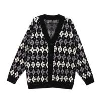 V-neck Diamond Checker Color Block Sweater Knit Cardigan - Thumbnail 8