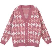 V-neck Diamond Checker Color Block Sweater Knit Cardigan - Thumbnail 5