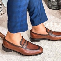 New Handmade Pure Brown Leather Loafer Shoes for Men's - Thumbnail 1