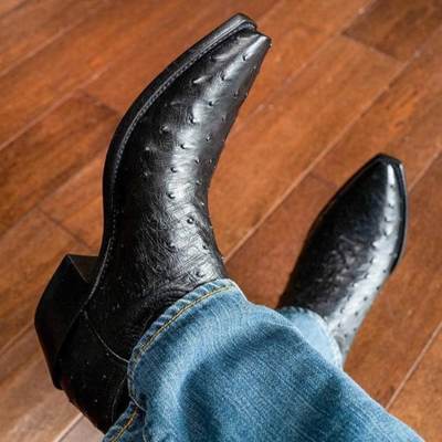 New handmade pure black ostrich leather cowboy boots for men's - Thumbnail 1