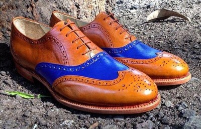 Pure Handmade Tan & Blue Genuine Leather Lace up Shoes for Men's