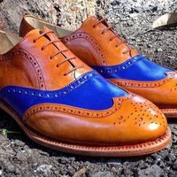 Pure Handmade Tan & Blue Genuine Leather Lace up Shoes for Men's - Thumbnail 1