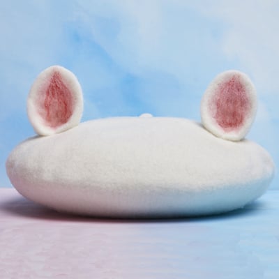 Cute white & pink animal ears wool beret hat - Thumbnail 2
