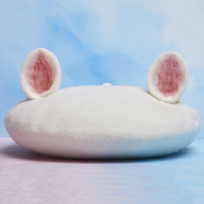 Cute White & Pink Animal Ears Wool Beret Hat