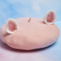 Cute White & Pink Animal Ears Wool Beret Hat - Thumbnail 3