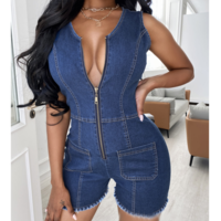 Solid Color V-Neck Zipper Denim Jumpsuit - Thumbnail 2