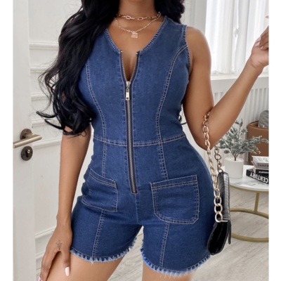 Solid color v-neck zipper denim jumpsuit - Thumbnail 2