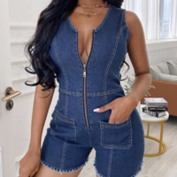 Solid Color V-Neck Zipper Denim Jumpsuit - Thumbnail 3