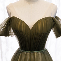 Green tulle long A line prom dress green evening dress - Thumbnail 1