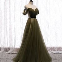 Green tulle long A line prom dress green evening dress - Thumbnail 2